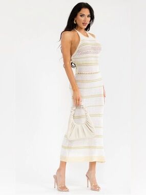 277. Luna Crochet Halter Midi Dress in White and Pale Yellow